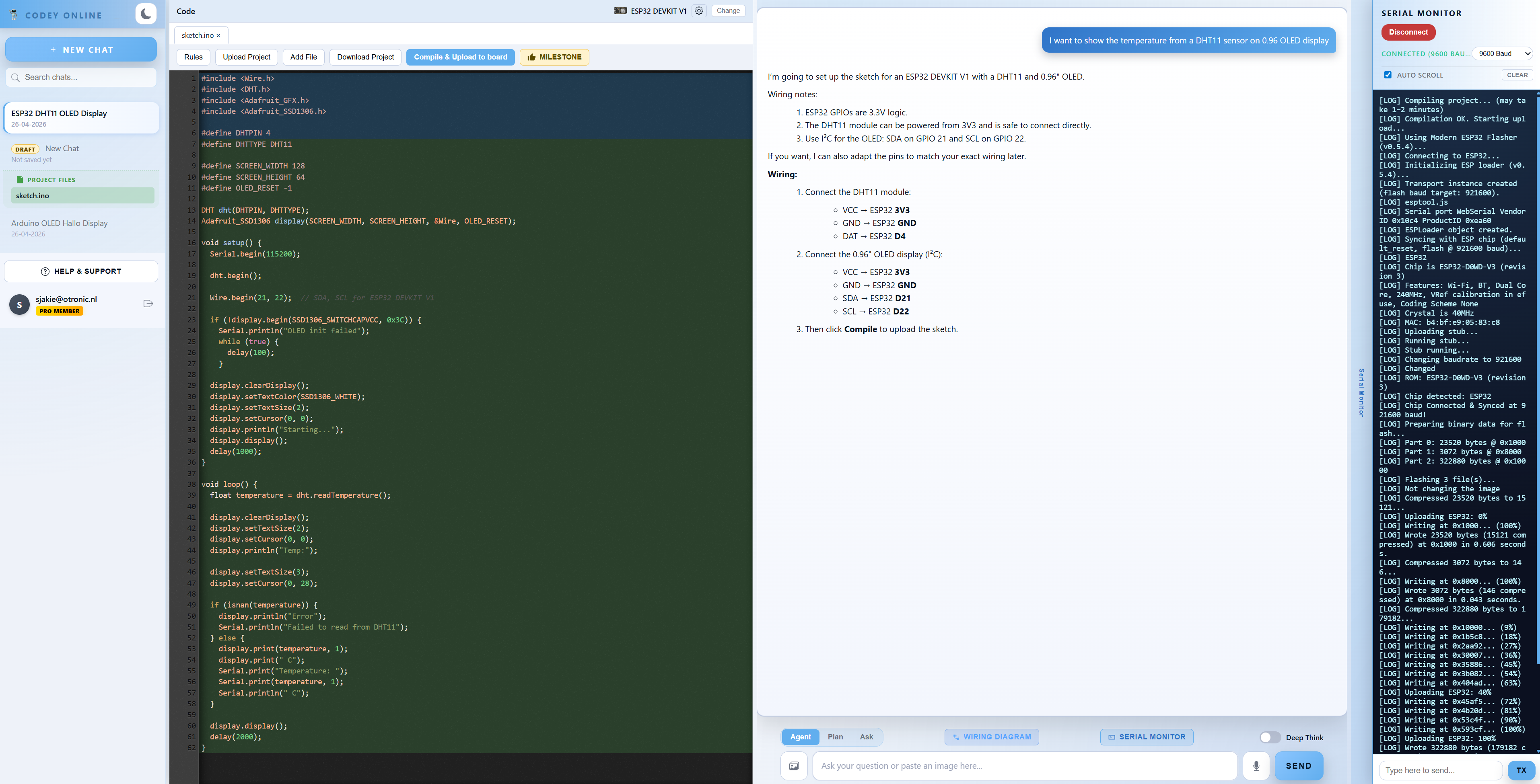 Tableau de bord Codey Online : chat, éditeur de code multi-fichiers et moniteur série en direct côte à côte lors du flash d'un ESP32 avec un projet DHT11 + OLED